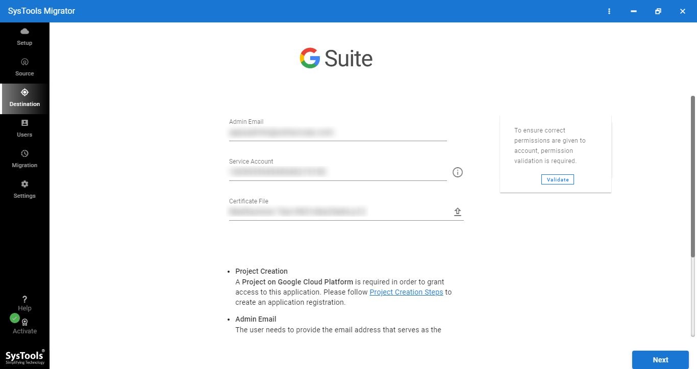 enter destination email id, service account and certificate file