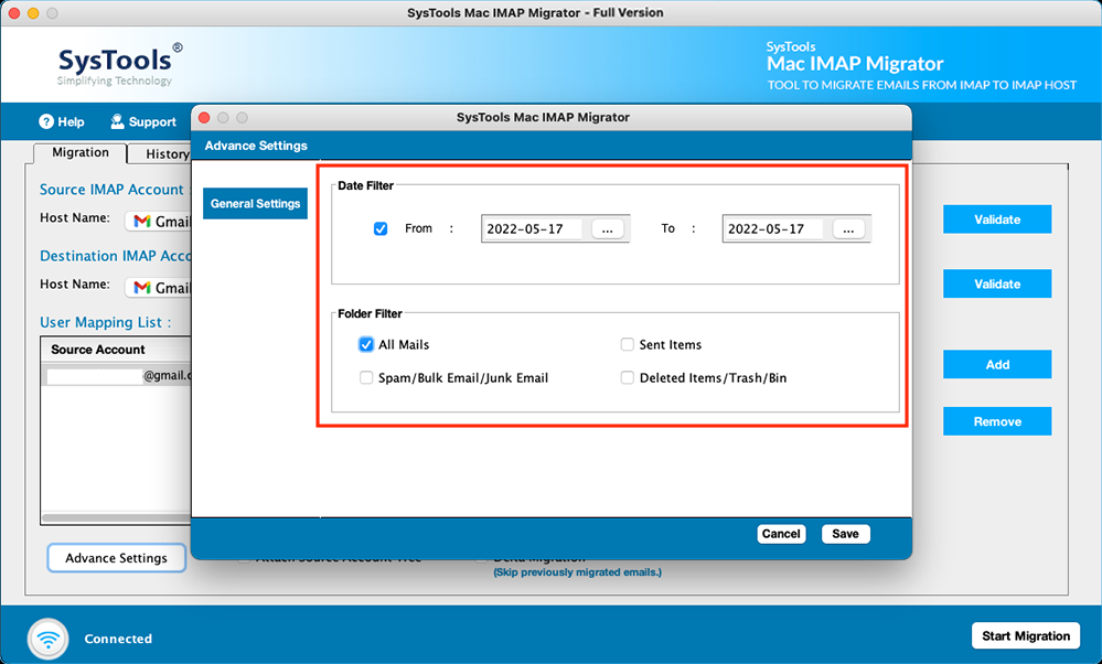 click advance settings for date and folder filter