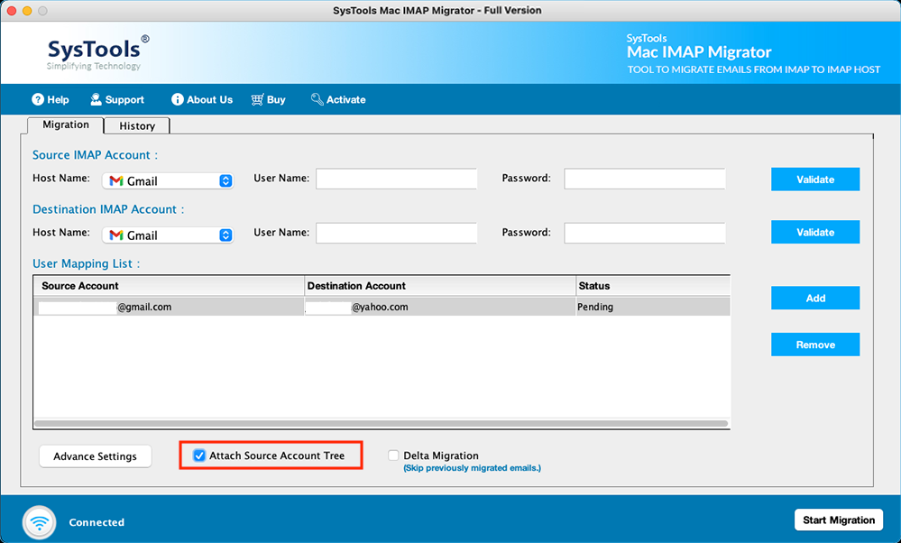 select attach source account tree for mailbox intactness