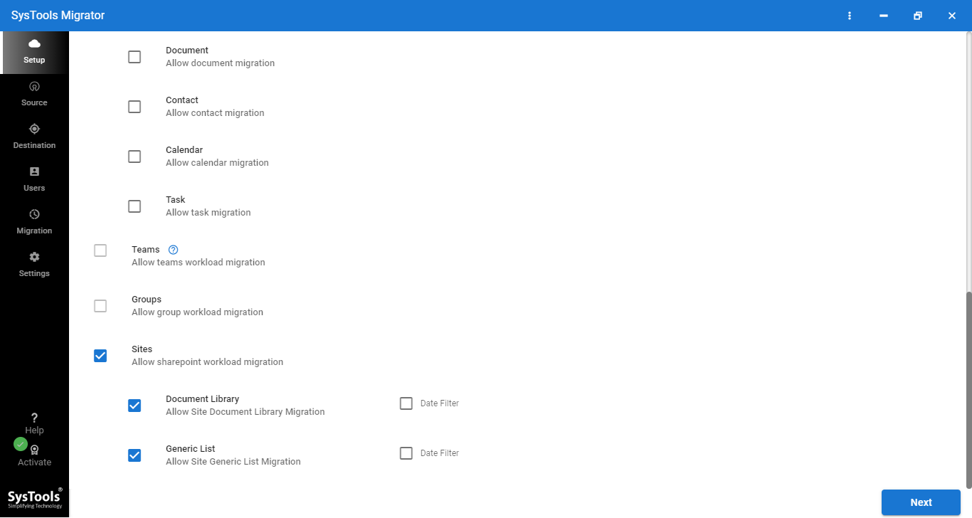Choose Sites Checkbox