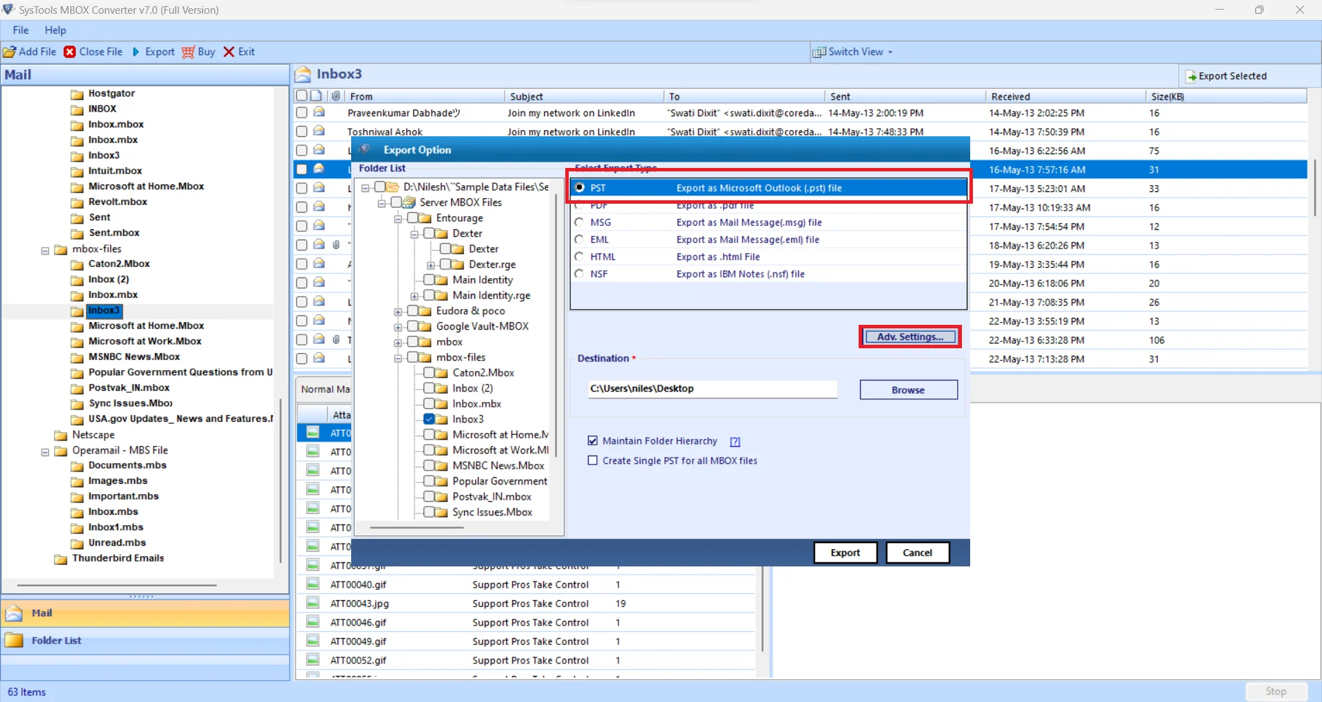 select export option