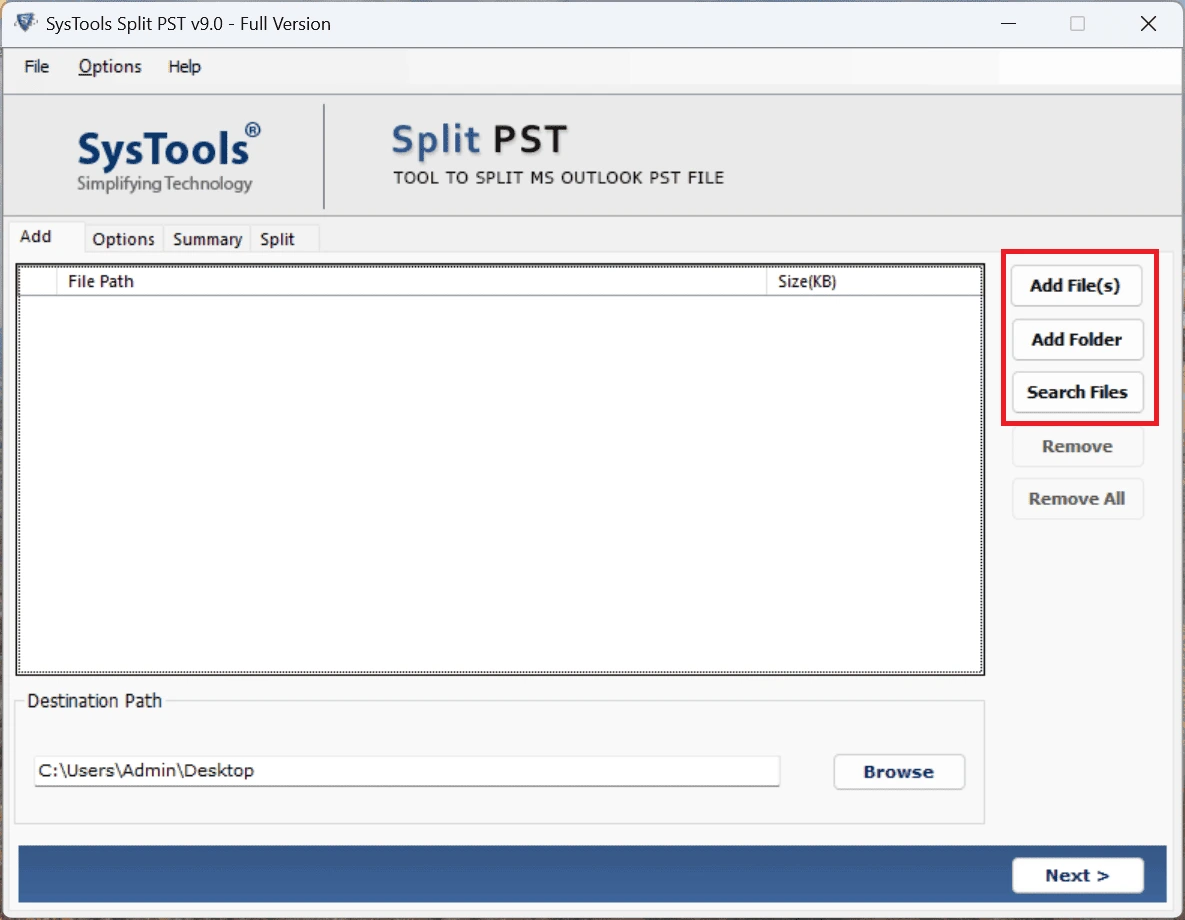 select outlook format & split option 