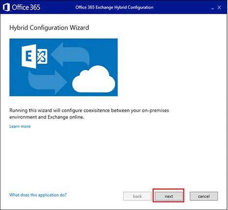 home screen of O365 exchange hybrid configuration 