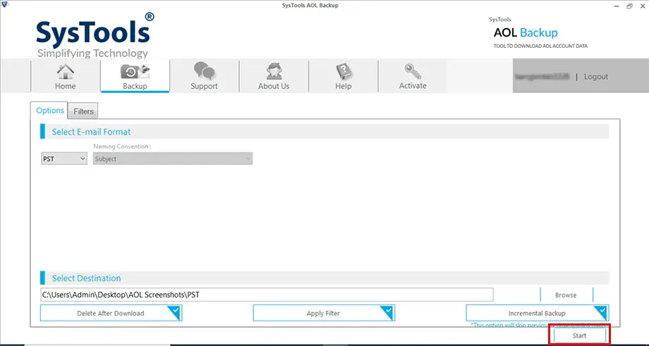 lastly hit start to export aol emails to pst