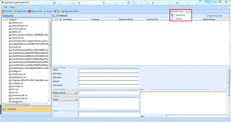 Switch view to import vcf to hotmail