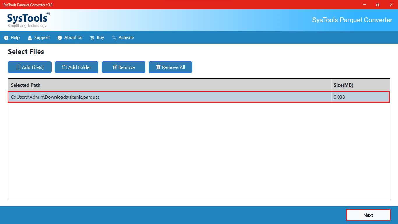 select parquet file