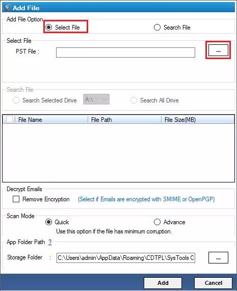 browse the pst file that has errors