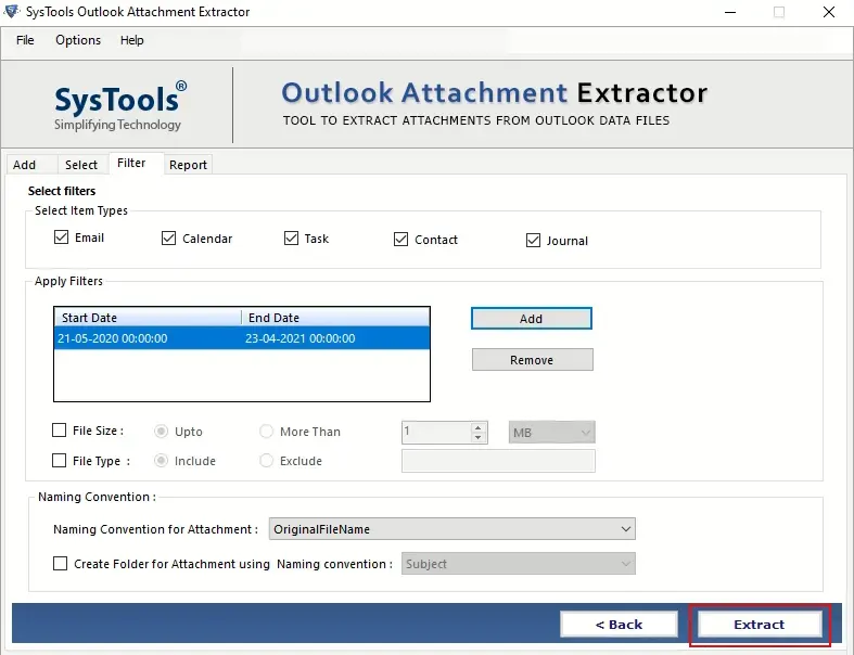 Click Extract in ZDB Email Attachment Extractor
