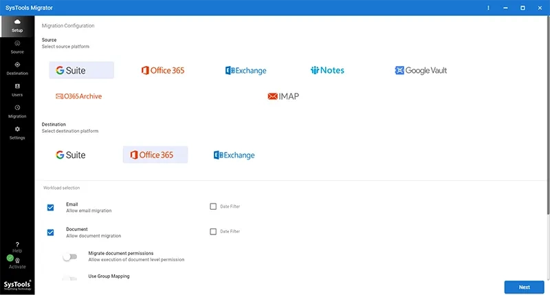 run G Suite to o365 migration tool