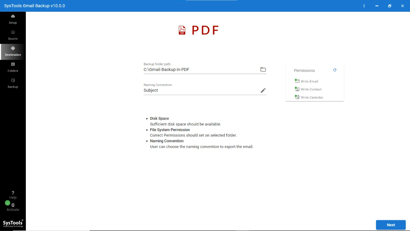Choose destination and naming option