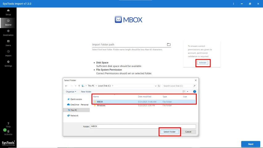 Browse and Select MBOX Folder