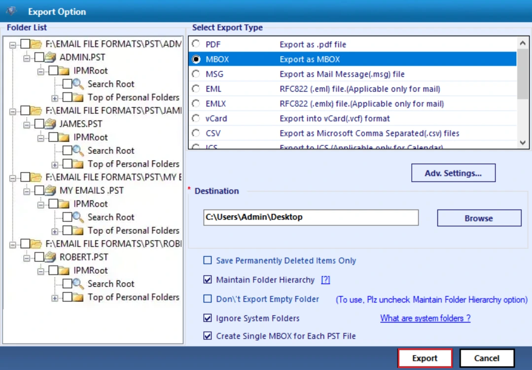 export outlook pst file