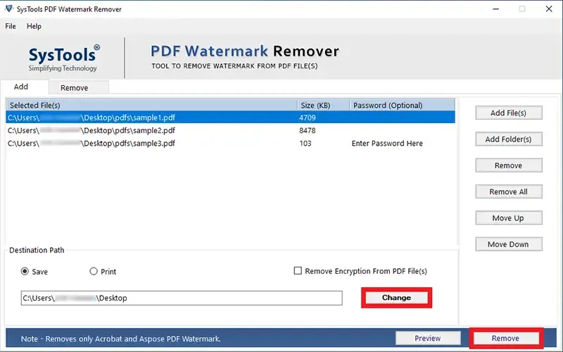 Click Remove to erase watermark from PDF