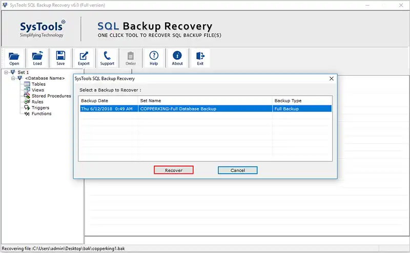 click recover to recover corrupt sql .bak file