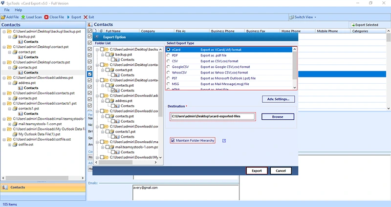 location and select vCard